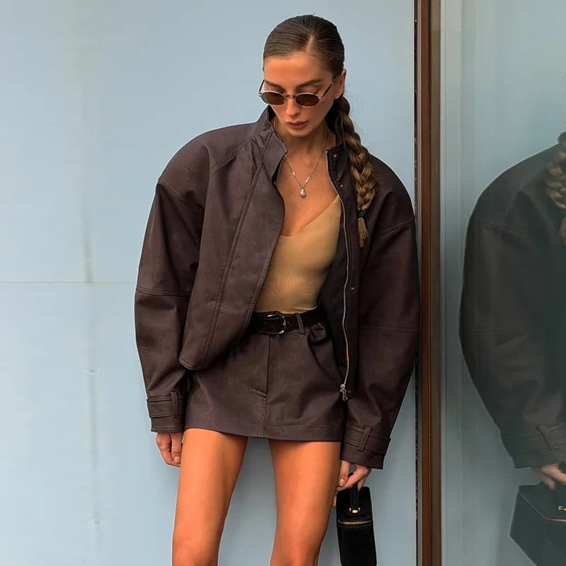 Vintage Suede Jacket and Mini Skirt Two Piece Set for Women