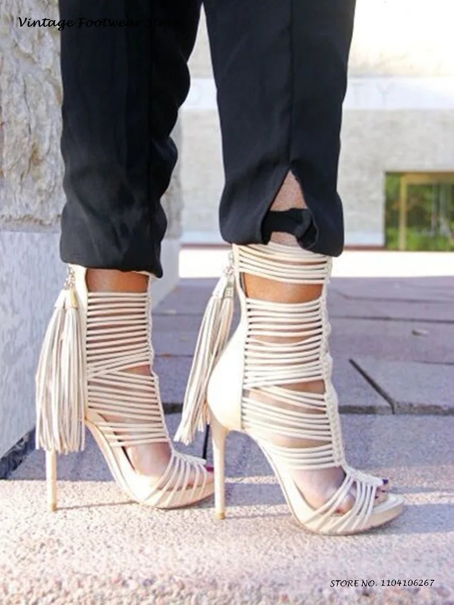 Tassel Strappy Open Toe High Heel Sandals for Women