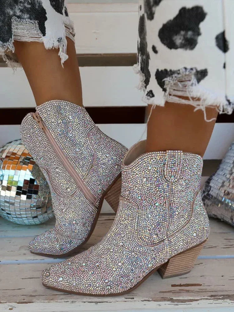 Glitter Western Ankle Boots With High Heels for Women
