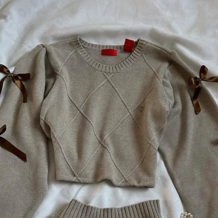 Y2K Knitted Splicing Short Skirt Two Piece Set Women Knitted Long Sleeved Sweater Cute Bow Mini Pleated Skirt Autumn Winter Suit
