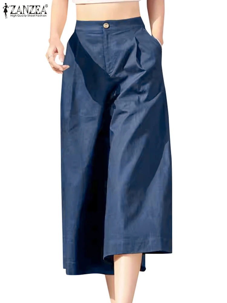 ZANZEA Women Straight Long Pants Korean High Waist Pantalons Casual Loose Wide Leg Cropped Trousers 2024 Summer Holiday Bottoms