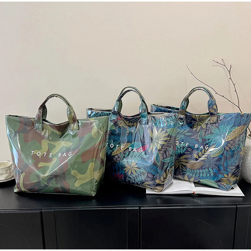 Leaf Print Handbag Pvc Fashion Transparent Waterproof Fashion High-end Shoulder Bag Large Capacity Commuter Tote Bag Shop Bag