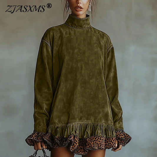 Vintage Fashion Patchwork Leopard Ruffle Dress Woman Casual Turtleneck Slim Mini Dress Autumn Long Sleeve Female Pullovers Dress