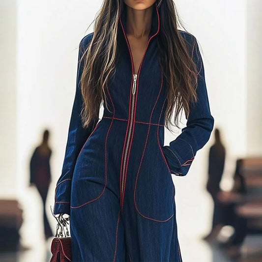 Deep V Neck Zip Front Jumpsuit