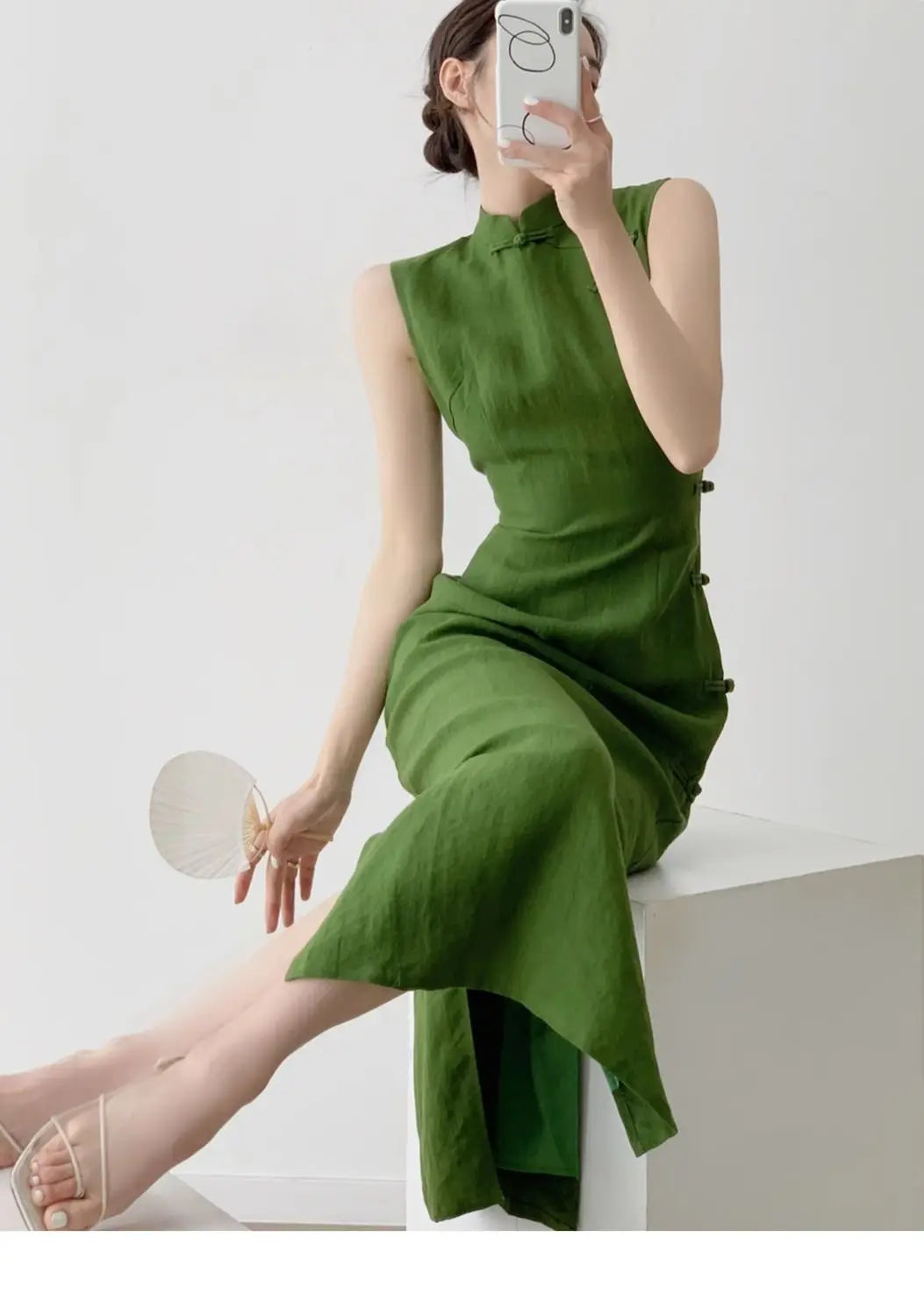 Moss Green Retro Chinese Style Cheongsam Dress for Women
