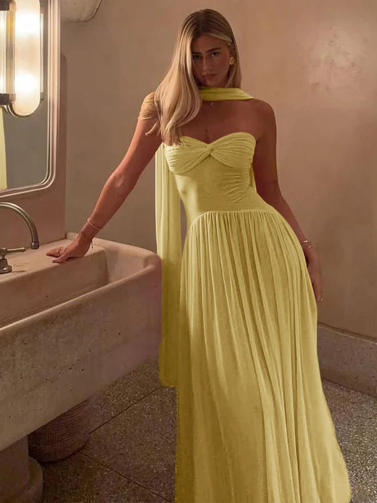 Mesh Shirred Strapless Maxi Dress