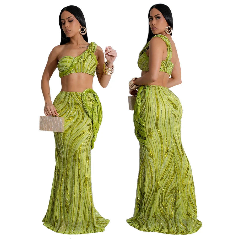 CM.YAYA Women’s Dress Set Mesh Sequined Ribbon Sleeveless Strap Top + Long Skirts Sets 2 Two Pcs Sets Sexy Party Evening Oufits