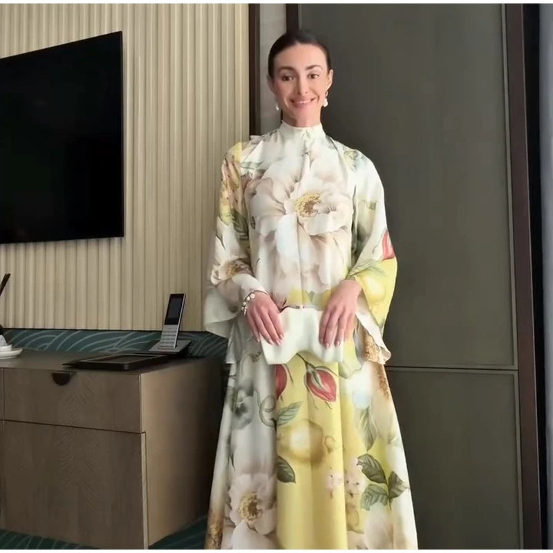 Elegant Print Dress with Stand Collar and Flare Sleeves for Women