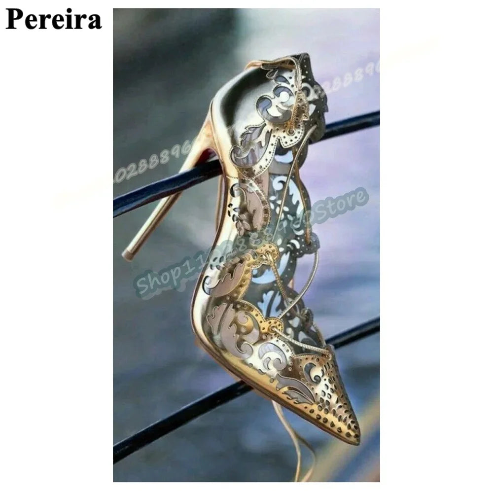 Gold Leather Shallow Hollow Pointy Pumps Stilettos High Heel Shoes For Women Cross Tied Pointed Toe Luxury Party Stylish Pumps