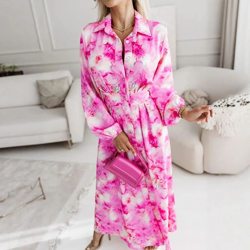 Elegant Turn-down Collar Button Split Long Dress Women Retro Floral Print Office Shirt Dress Autumn Long Sleeve Loose Maxi Dress
