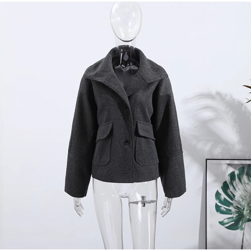 Solid Double Breasted Stand Collar Long Sleeve Overcoat for Women
