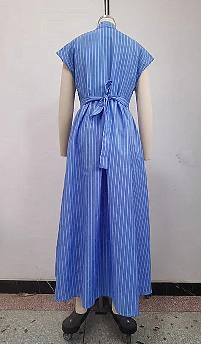 Vintage Striped Flounce Neck Shirt Collar Dress For Women