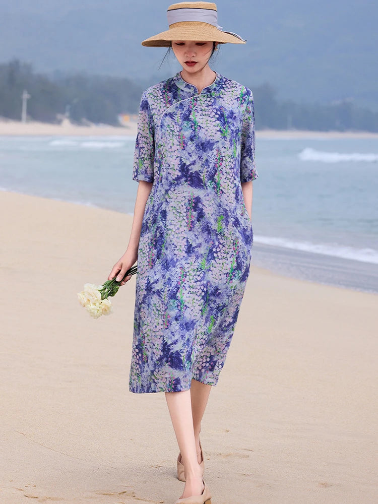 Casual Mandarin Collar Vintage Print Ramie Dress for Women