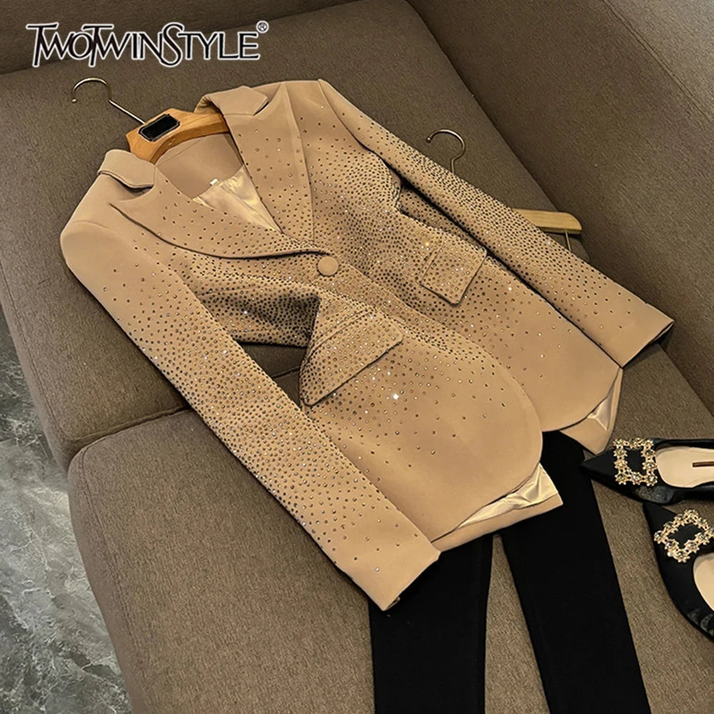TWOTWINSTYLE Temperament Spliced Diamonds Jackets For Women Lapel Long Sleeve Designer Blazer Female Fashion Style New KJA534367