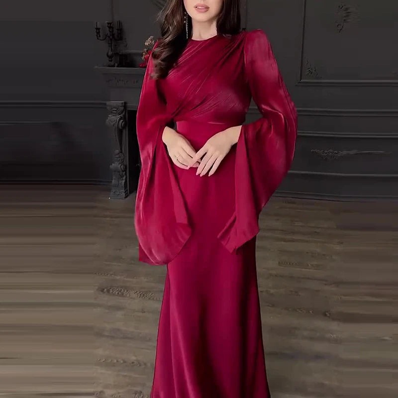 2024 New Women's O-neck Slim Satin Dress Fashion Patchwork High Waist Evening Dress Fall Elegant Solid Color Party Long Dresses