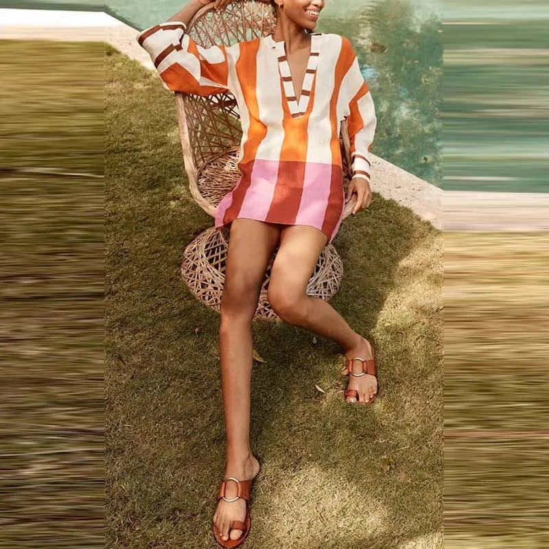 Autumn Long Sleeve Loose Bohemian Dress Vintage Contrast Striped Print V Neck Women Dress Spring Casual Patchwork Vacation Dress