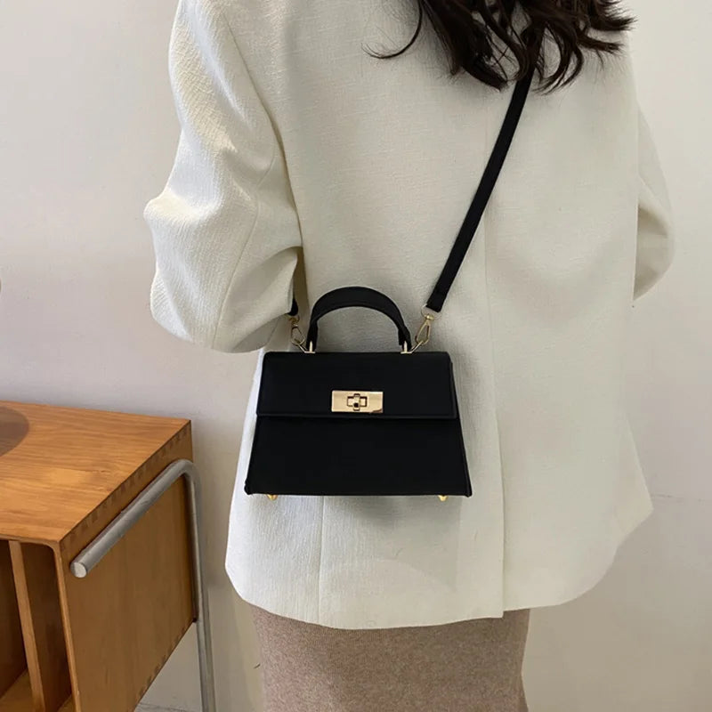 Luxury Fashion Small Square Bag Brand Design Advanced Leather Lock Simple Commuting Solid Color Texture Handbag Messenger Bag