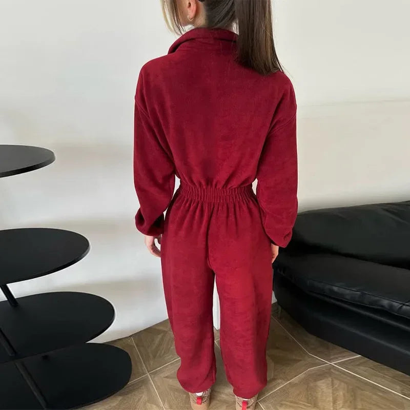 Casual Brown Stand Collar Long Sleeve Jumpsuit for Women