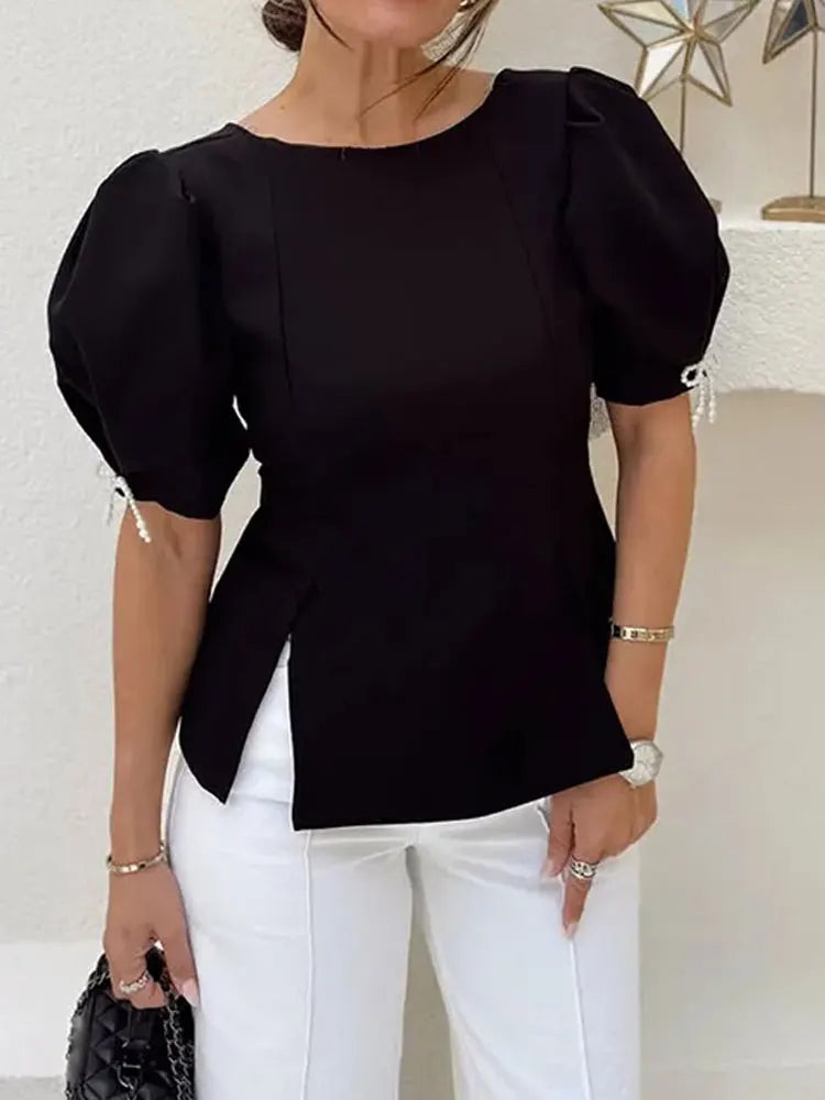 Pearl Bow Puff Sleeve Black Backless Top for Women