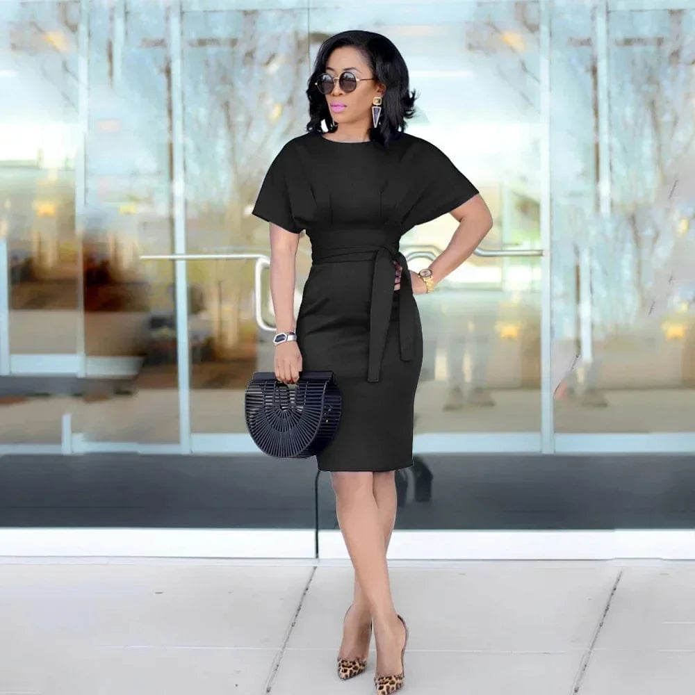 Women's Elegant Pencil Midi Dress Short Sleeve Party Cocktail Dresses with Belt