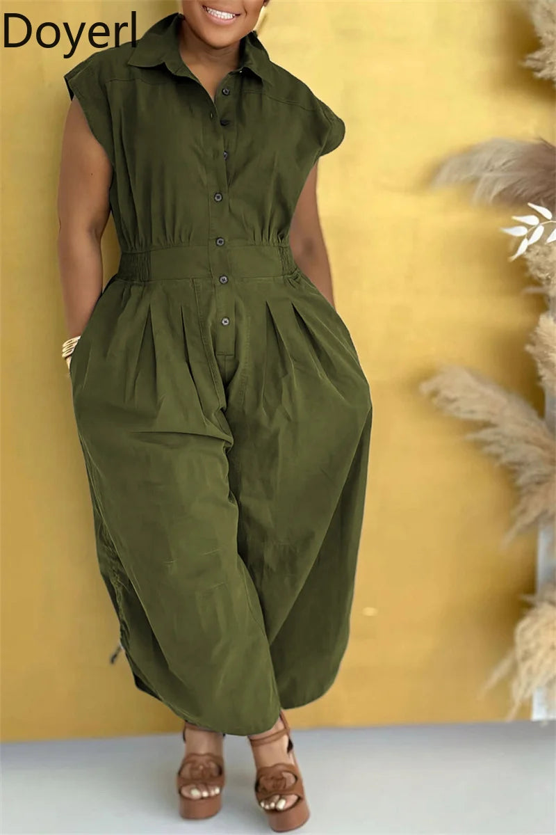 Doyerl Solid Casual Summer Jumpsuit Woman Clothing Turn-down Collar Button Up Sleeveless Loose Rompers One Piece Overalls 2025
