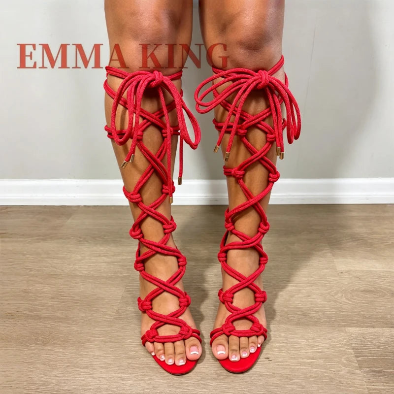 Rope Lace Up Knee High Gladiator Open Toe Sandals for Women