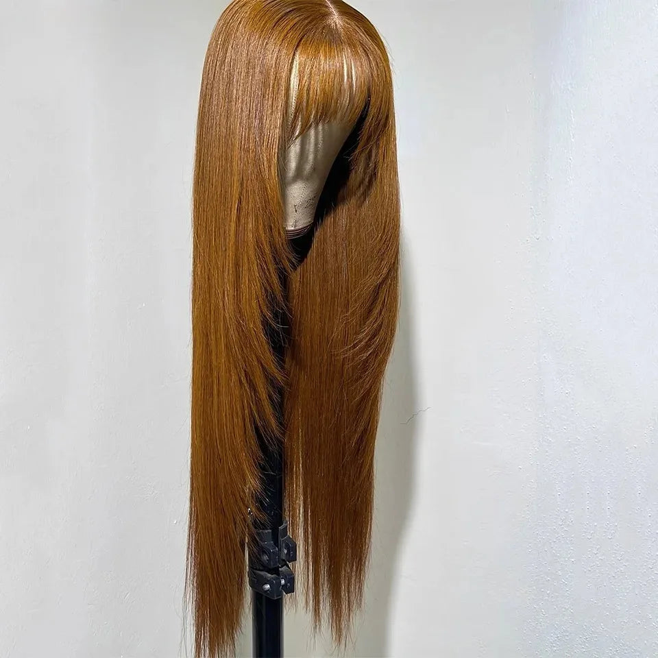 Natural Straight Layered Lace Front Wig With Bangs for Women