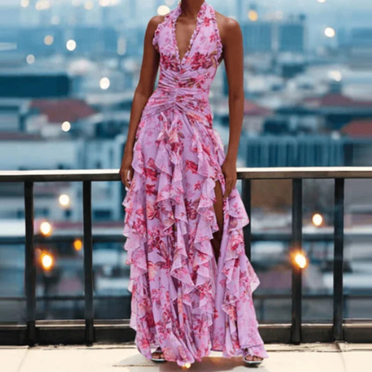 Lady Sexy Halter Floral Print Long Dress 2025 Summer Ruffles Hollow Out Slim Party  Dress Fashion Sleeveless High Waist Dresses