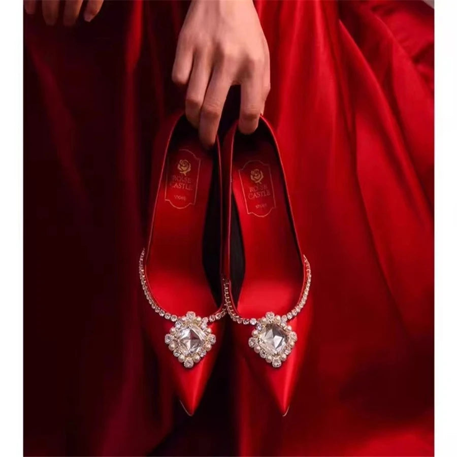 Rhinestone Pointed Toe Satin Wedding Pumps for Women