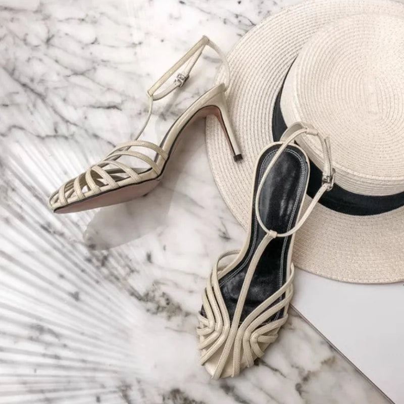 Elegant Narrow Band T-Strap High Heel Sandals for Women