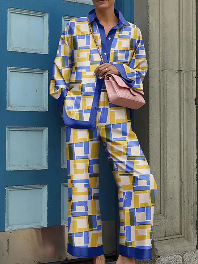 Vintage Printed Two Piece Trouser Suit Set for Women