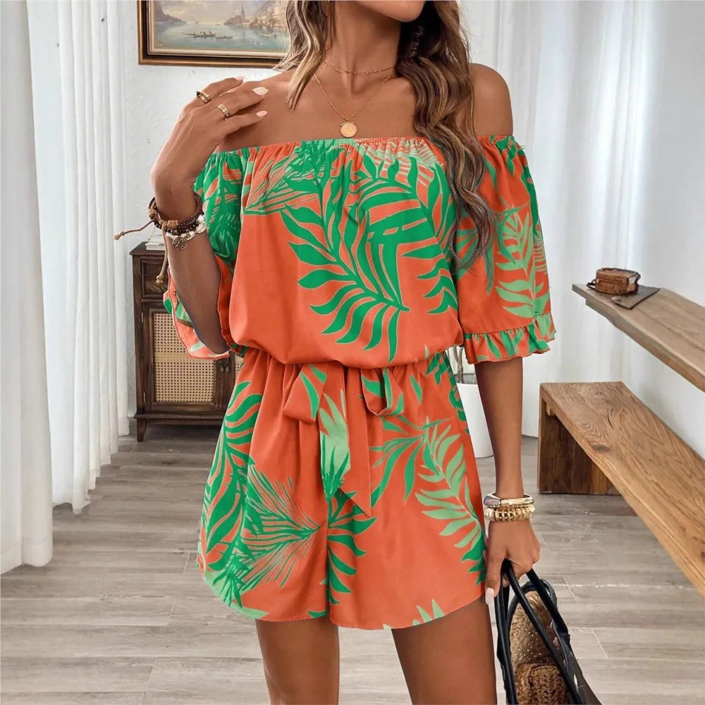 One-Shoulder Printed Short-Sleeve Lace-Up Waist Jumpsuit for Women