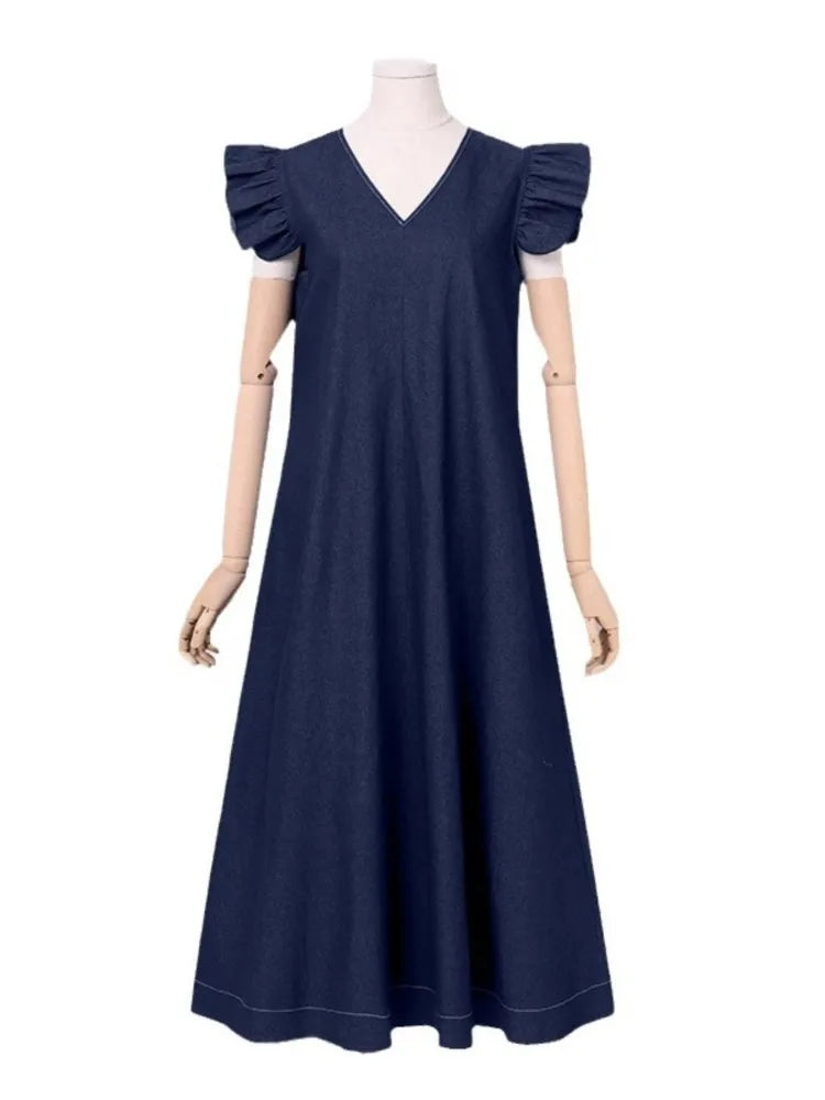 Bohemian Style V Neck Flutter Sleeve Denim Maxi Dress for Women