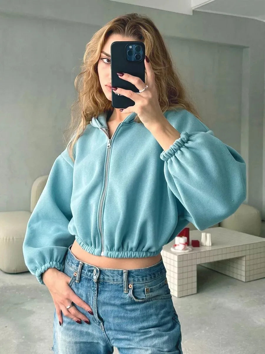 Cropped Zipper Hooded Sweatshirt Jacket With Long Sleeves for Women