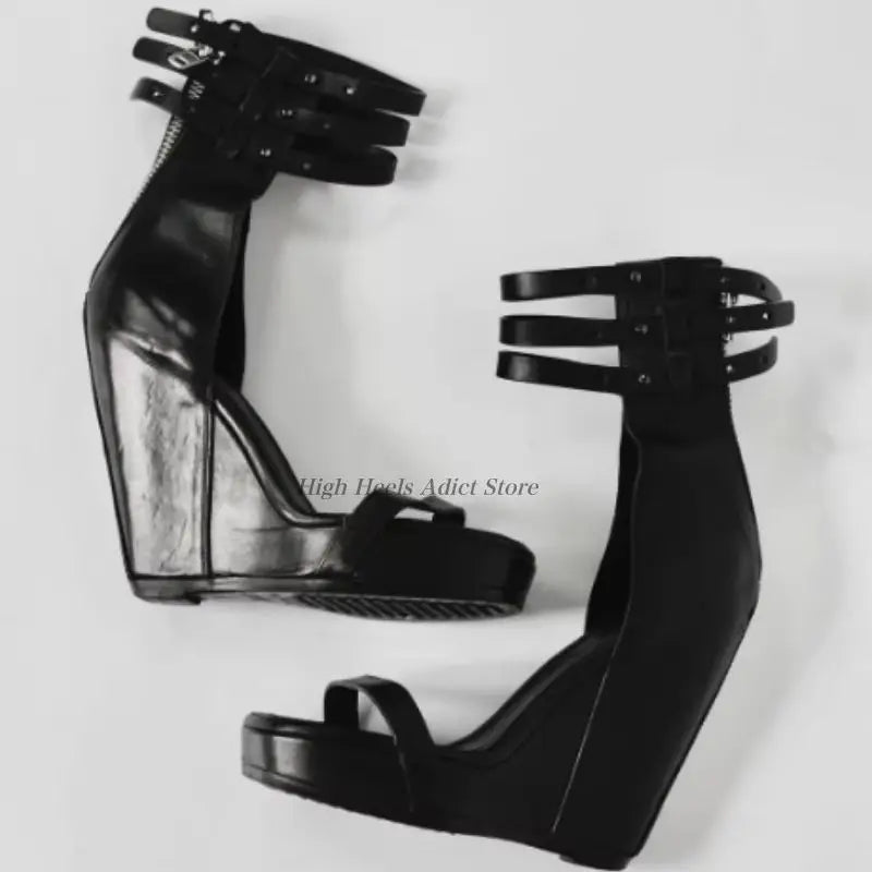Genuine Leather Zip Up Hollow Out Wedge Sandals For Women