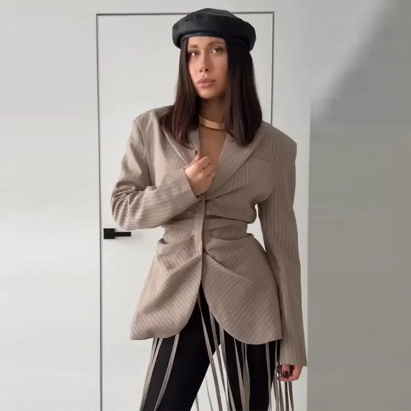 Striped Full Sleeve Blazer With Detachable Tassel Lapel for Women