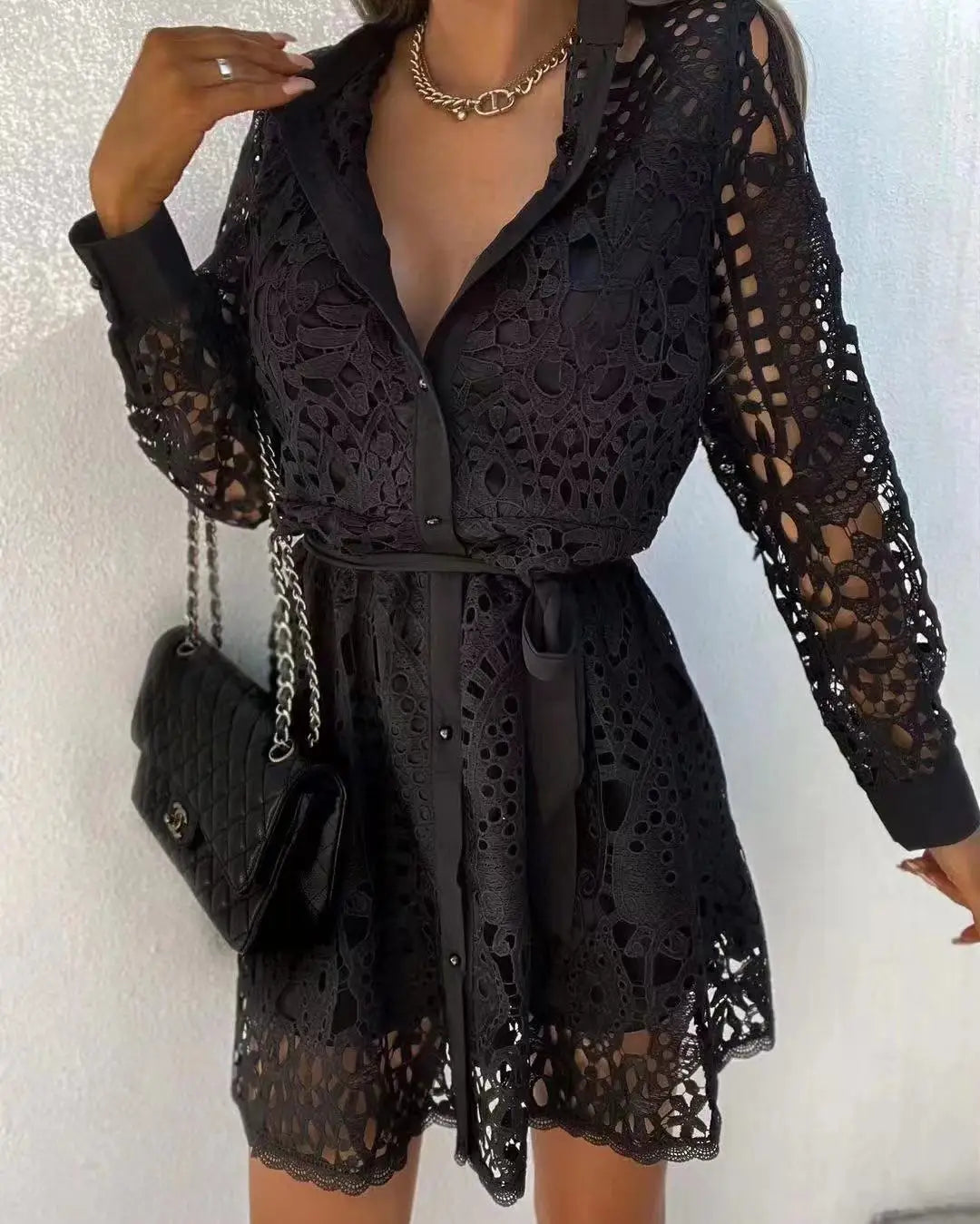 Chic Lace Cutout Long Sleeve Shirt Dress for Women