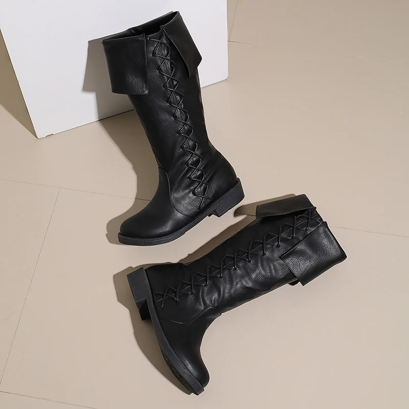 Retro Cross-Tied Flat Mid-Calf Costume Boots for Women