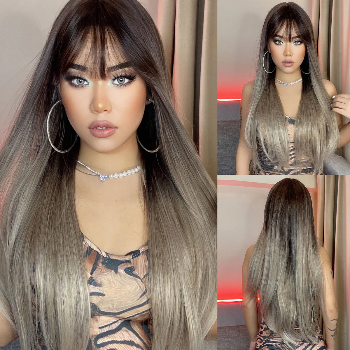 Long Straight Heat Resistant Synthetic Wig With Bangs for Women