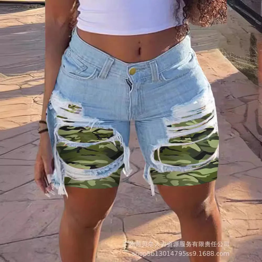 Casual Slim Knee Length Patchwork Denim Shorts for Women