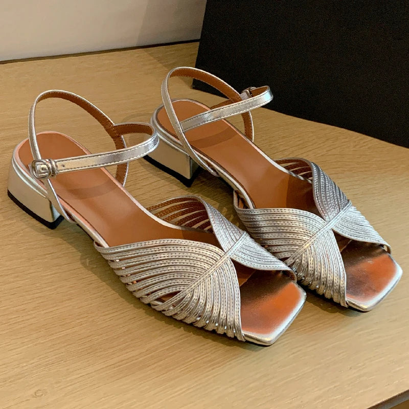 Leather Low Heel Peep Toe Sandals