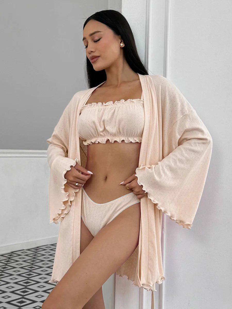 Comfortable Knitted V Neck Pajama And Robe Set For Women