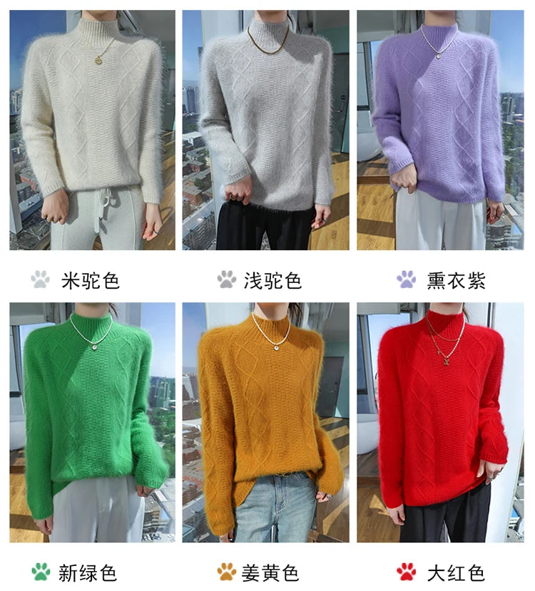 Floral Jacquard Long Sleeve High Neck Knit Sweater for Women