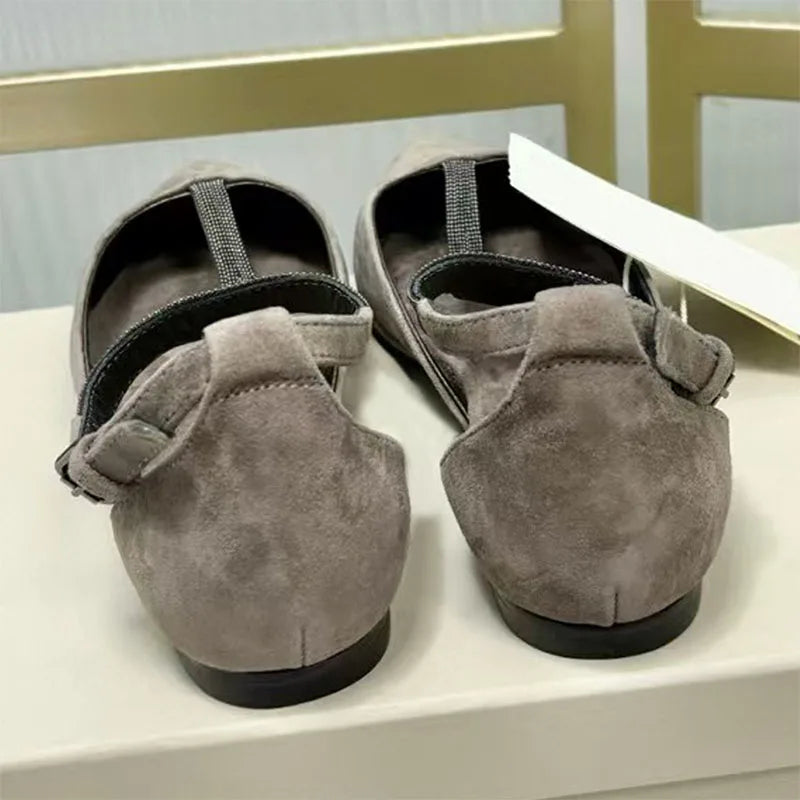 Genuine Leather Pointed Toe Flats With Beaded Ankle Strap For Women