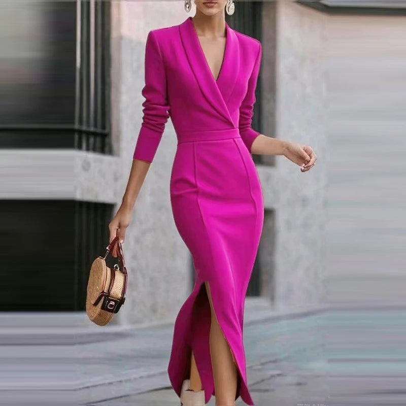2025 Autumn Women V Neck Split Party Dress Simple Solid Color High Waist Commuter Long Dress