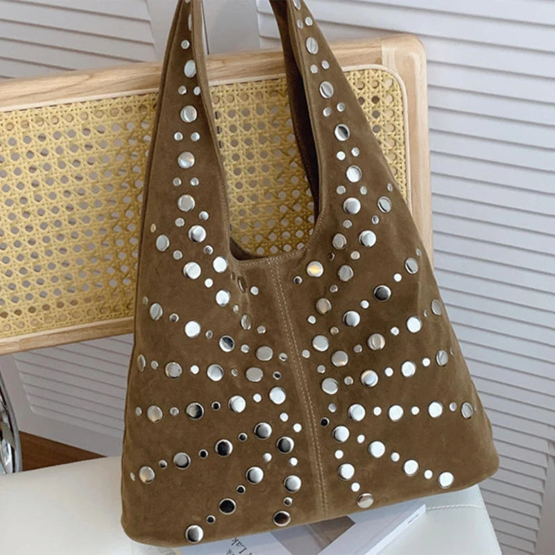 Polka Dot Rivet Tote Bag Women's Fashion Trend Texture Shoulder Bag High-end Luxury Suede Bucket Bag Commuter Female Handbag