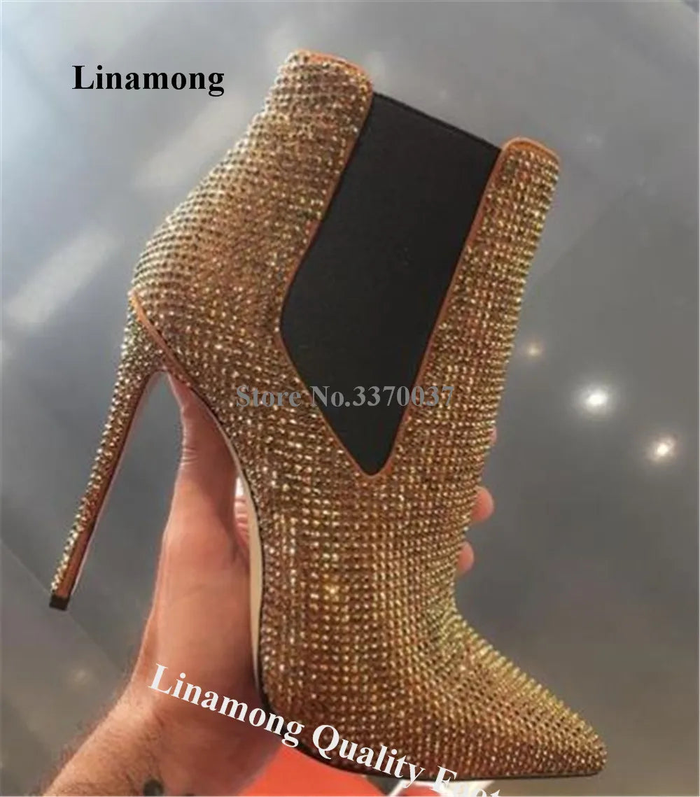 Crystal Embellished Slip On Pointed Toe Ankle Boots for Women