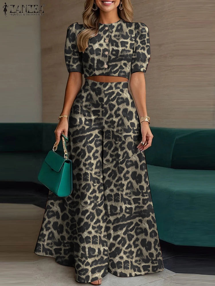 Leopard Print Puff Sleeve Pants Set