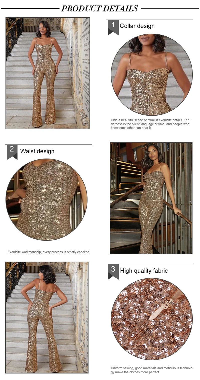 Gold Sequin Design Sleeveless Jumpsuit With Belt for Women