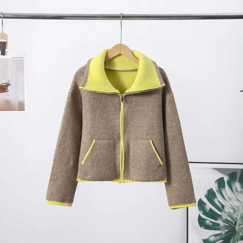 Fuzz Yellow Contrast Long Sleeve With Zipper Coat for Women